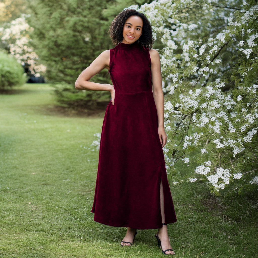 Wine Cotton Corduroy High-Neck Sleeveless Slit Dress