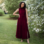 Wine Cotton Corduroy High-Neck Sleeveless Slit Dress