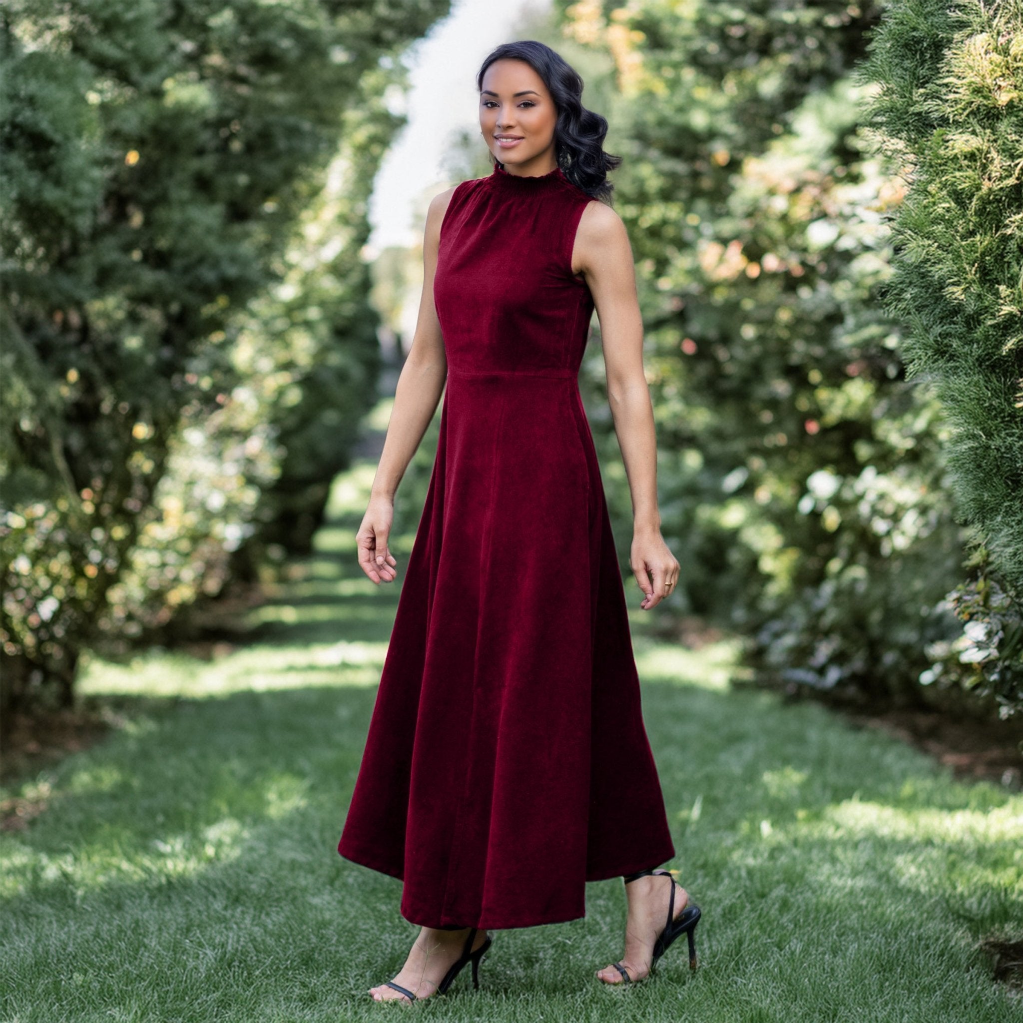 Wine Cotton Corduroy High-Neck Sleeveless Slit Dress