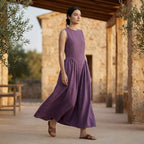 Wine Cotton Flannel Sleeveless Paneled Maxi Dress