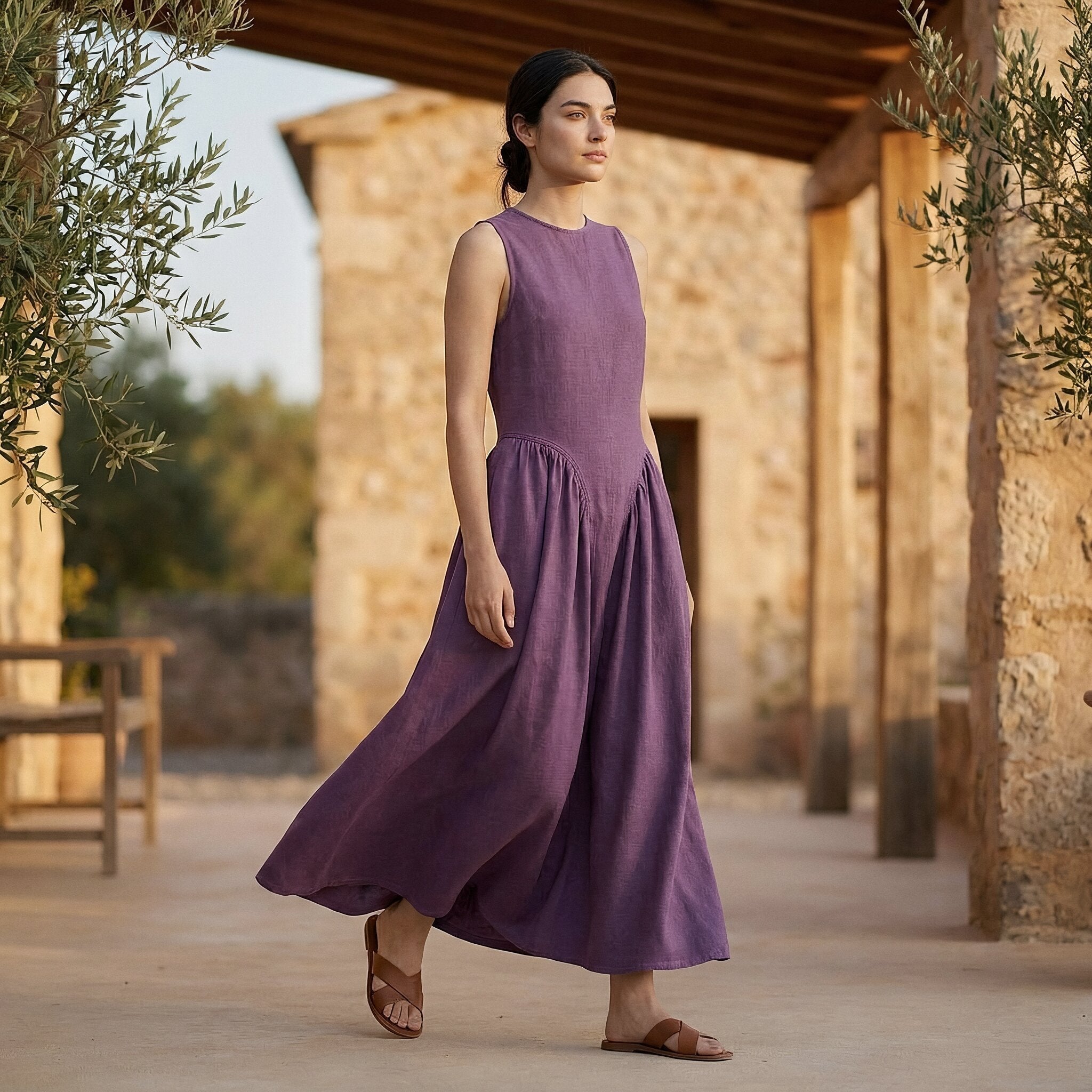 Wine Cotton Flannel Sleeveless Paneled Maxi Dress