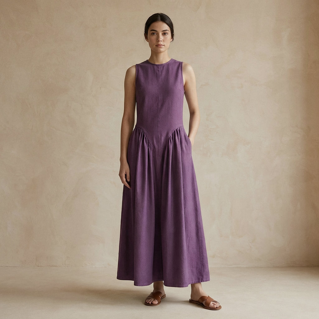 Wine Cotton Flannel Sleeveless Paneled Maxi Dress
