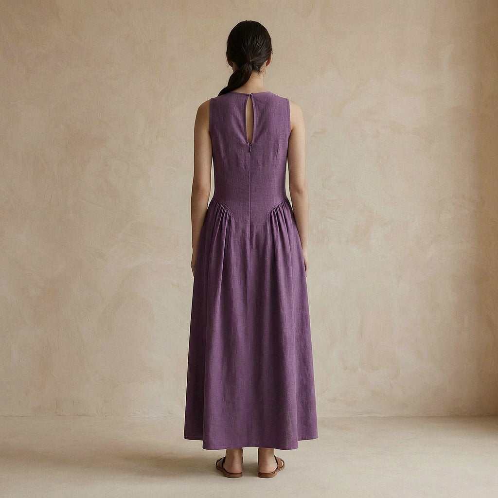 Wine Cotton Flannel Sleeveless Paneled Maxi Dress