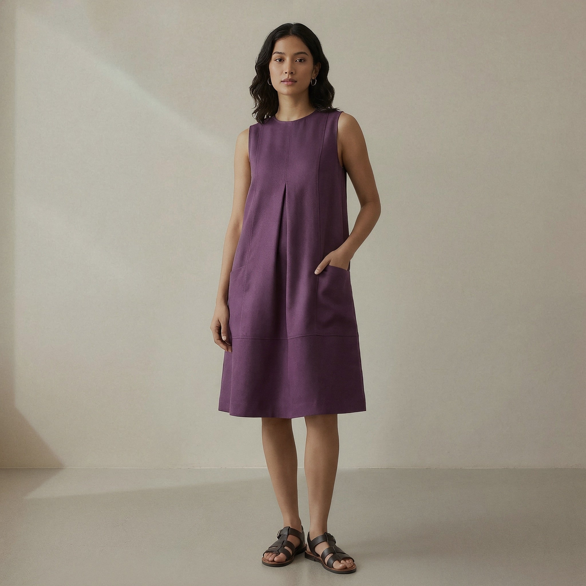 Wine Cotton Flannel Sleeveless Paneled Swing Dress