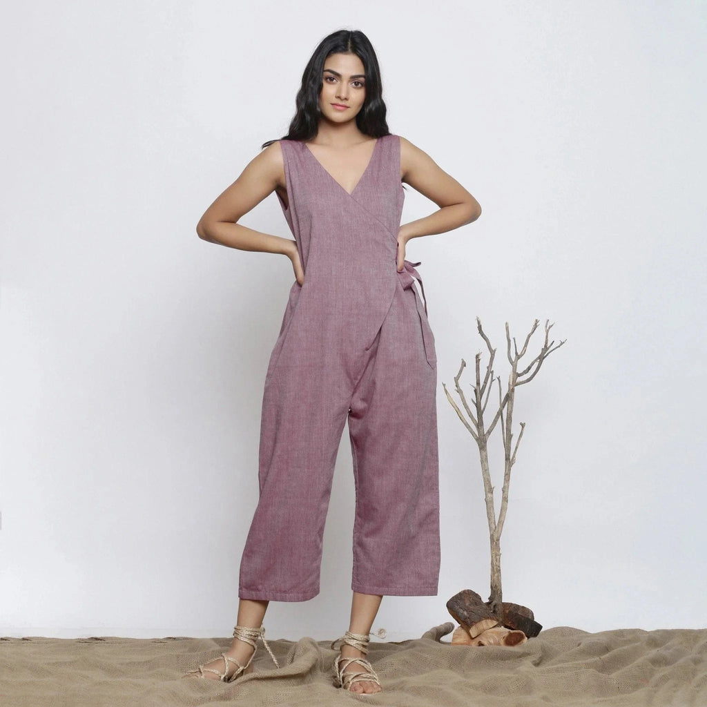 Front View of a Model wearing Wine Handspun Deep Neck Wrap Jumpsuit