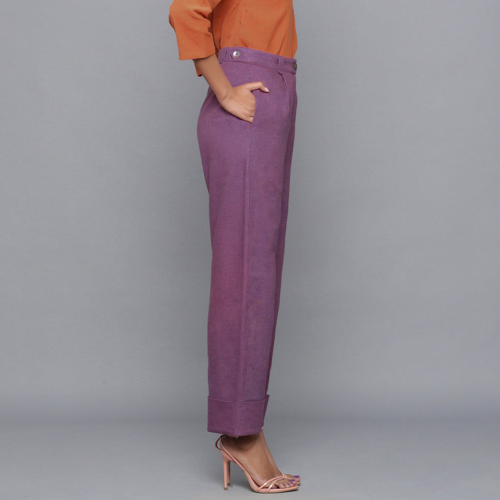 Right View of a Model wearing Wine Flannel Rolled-Up Straight Pant
