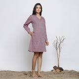 Right View of a Model wearing Wine Cotton Muslin Cuff Sleeves A-Line Short Dress