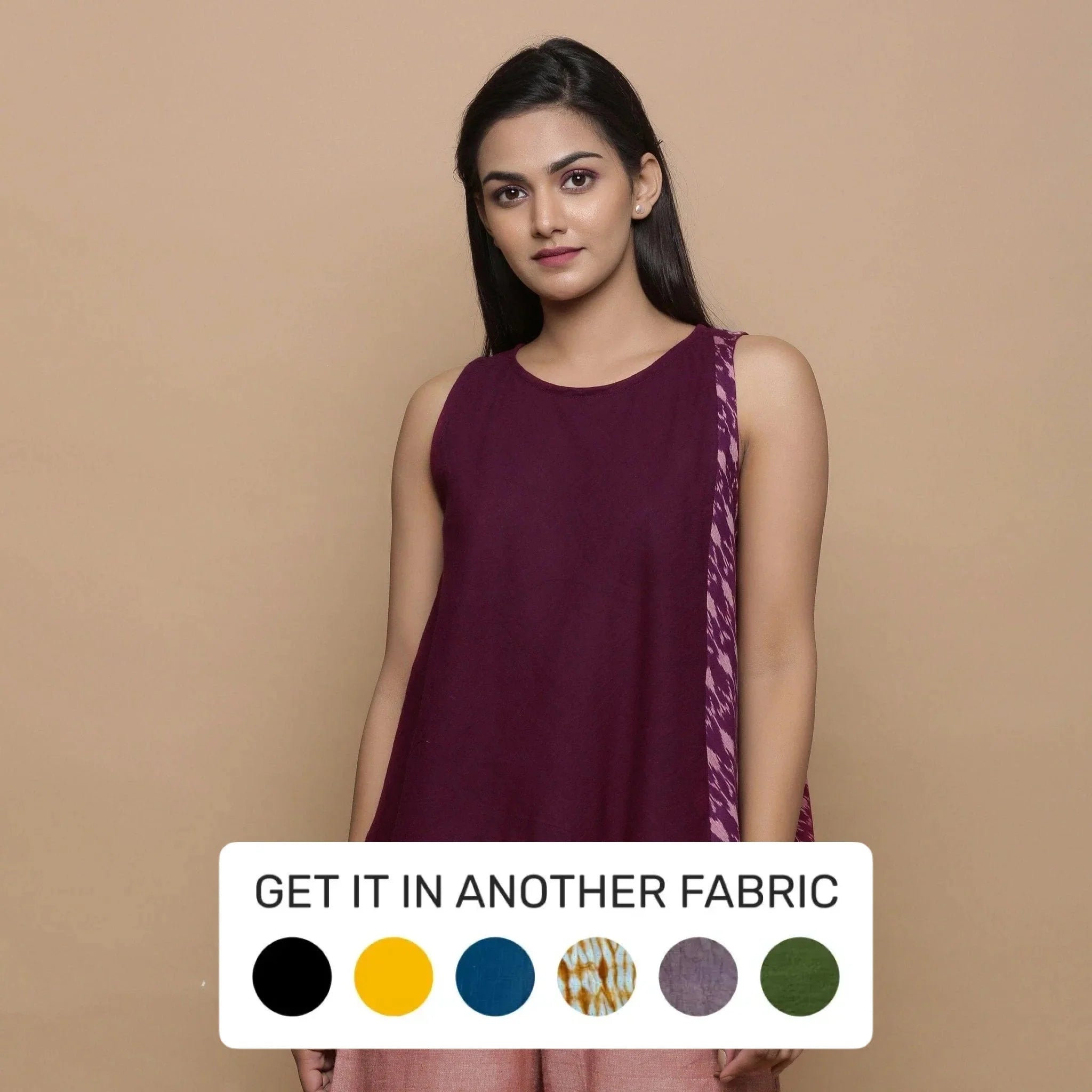 Front View of a Model wearing Wine Handwoven 100% Cotton Ikat Sleeveless Paneled Top