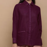 Front Detail of a Model wearing Wine Ikat Handwoven 100% Cotton Button-Down Yoked Shirt