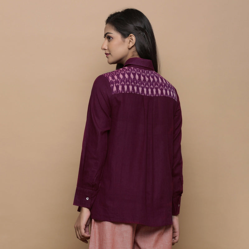Back View of a Model wearing Wine Ikat Handwoven 100% Cotton Button-Down Yoked Shirt