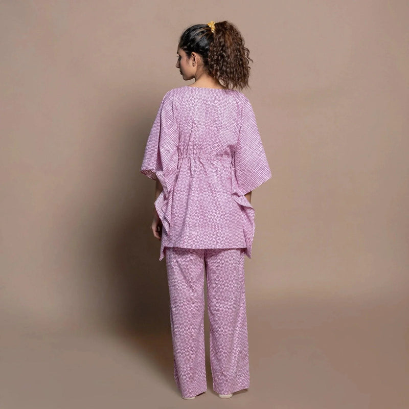 Back View of a Model wearing Wine Sanganeri Hand Block Print Cotton Kaftan Top