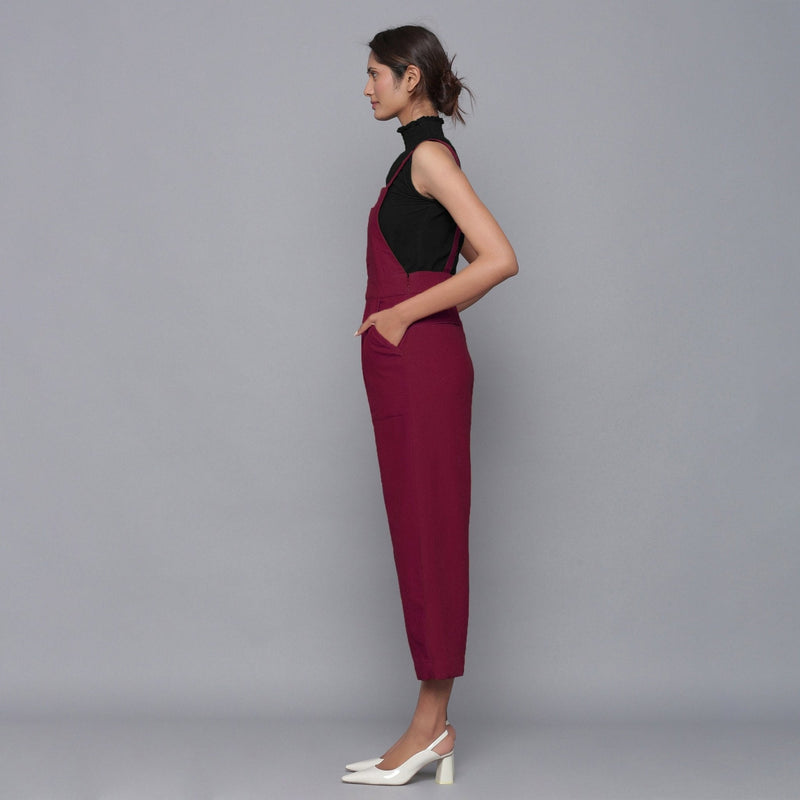 Wine Warm Cotton Corduroy Dungaree Jumpsuit