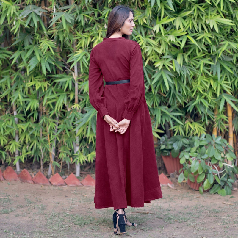 Wine Warm Cotton Corduroy Fit and Flare Maxi Dress