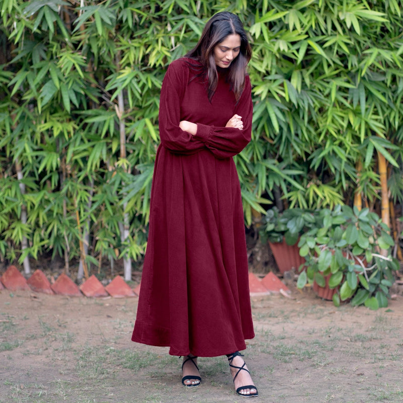 Wine Warm Cotton Corduroy Fit and Flare Maxi Dress