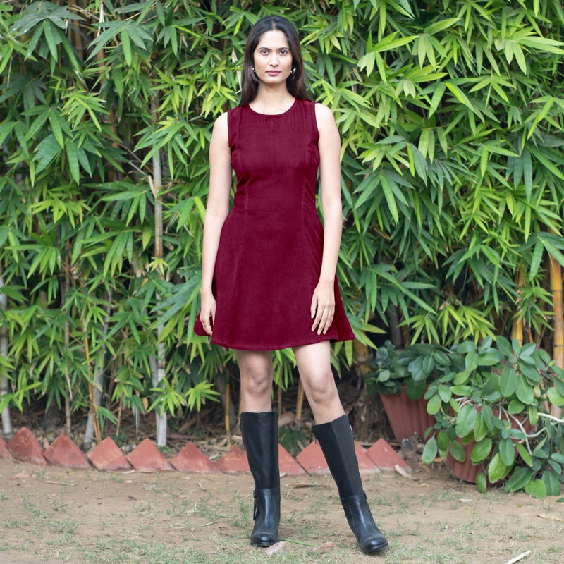 Wine Warm Cotton Corduroy Fit and Flare Sleeveless Short Dress