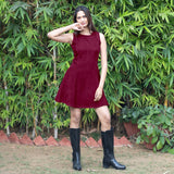 Wine Warm Cotton Corduroy Fit and Flare Sleeveless Short Dress