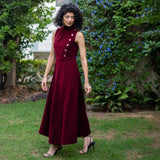 Wine Warm Cotton Corduroy High-Neck Sleeveless Slit Dress