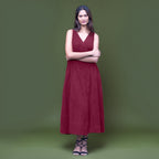 Wine Warm Cotton Corduroy Sleeveless Midi Wrap Dress