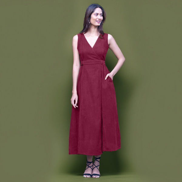 Wine Warm Cotton Corduroy Sleeveless Midi Wrap Dress