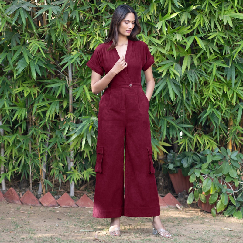 Wine Warm Cotton Corduroy Wide Legged Wrap Cargo Jumpsuit