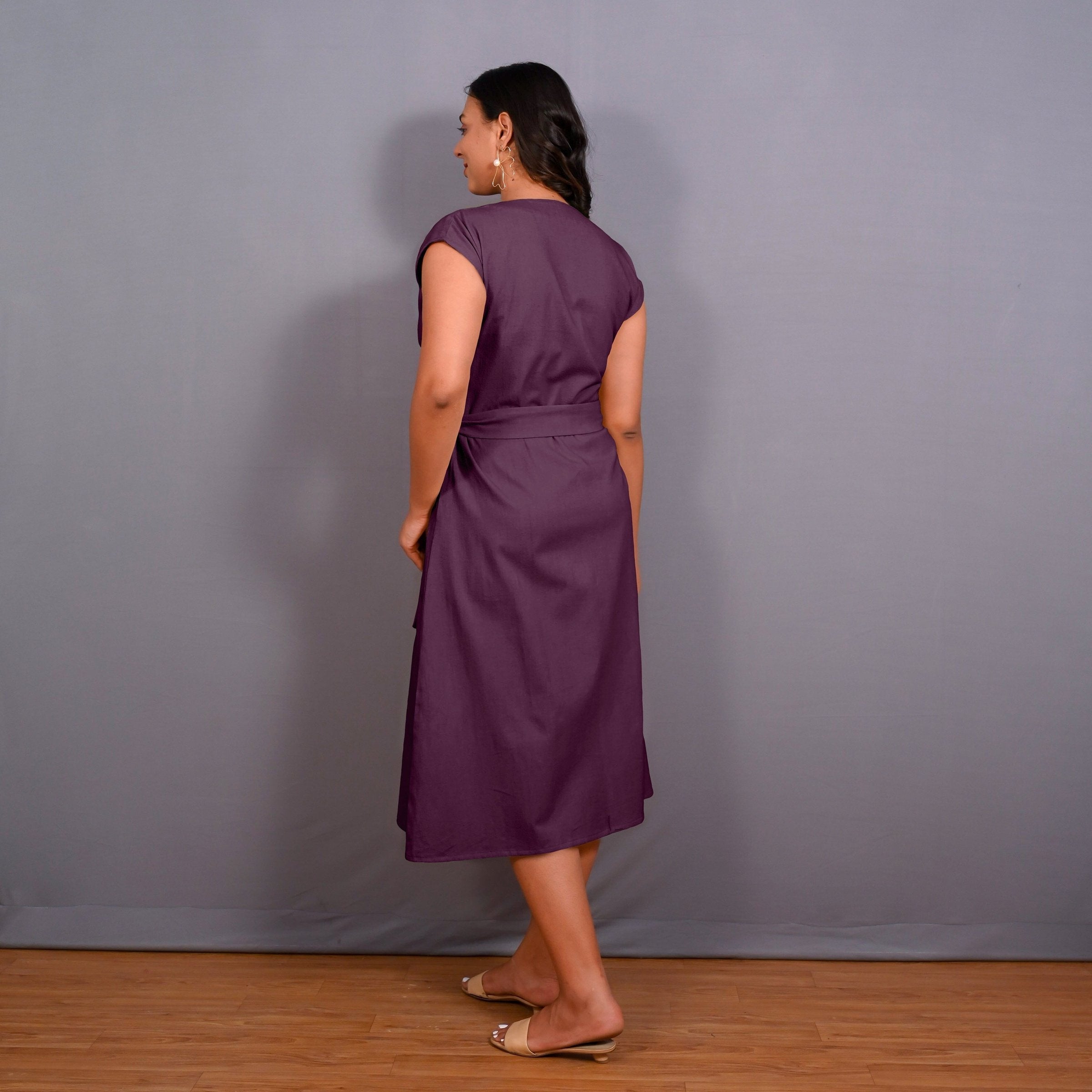 Wine Warm Cotton Flannel Button-Down A-Line Midi Dress