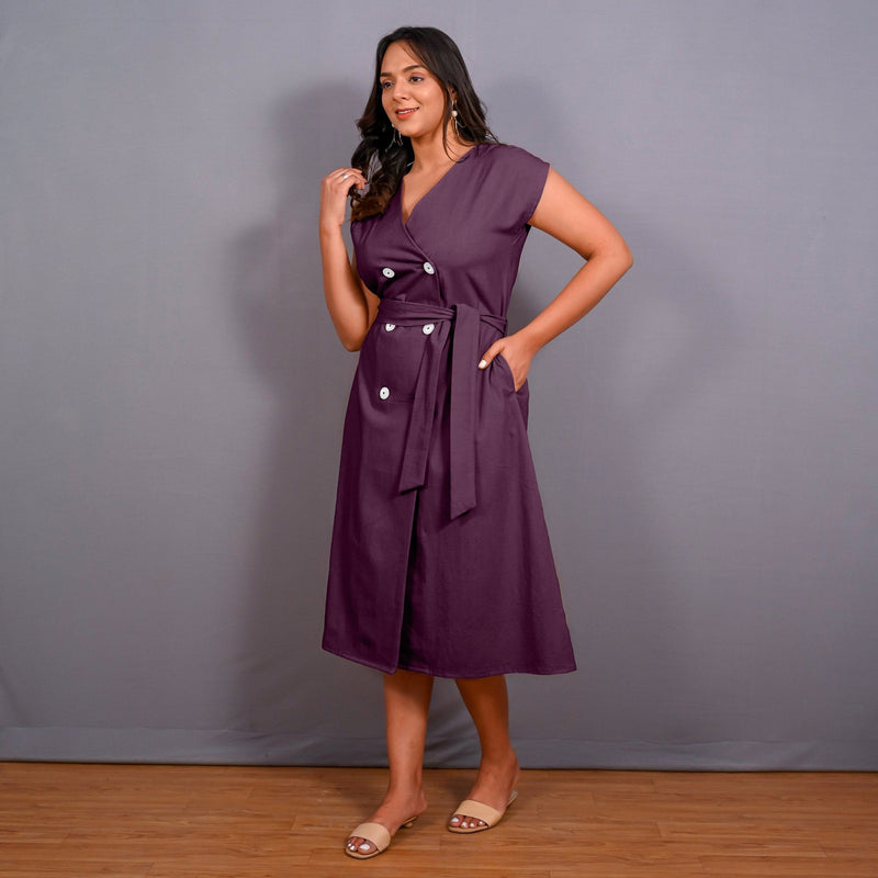 Wine Warm Cotton Flannel Button-Down A-Line Midi Dress