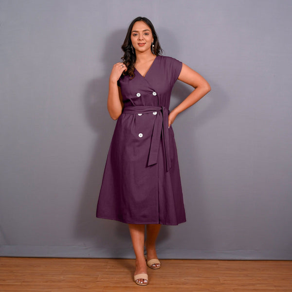 Wine Warm Cotton Flannel Button-Down A-Line Midi Dress