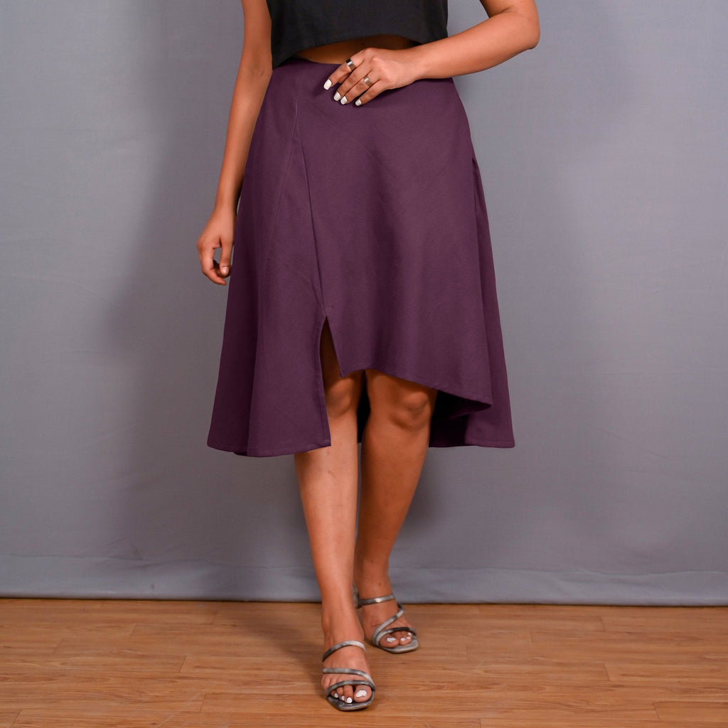 Wine Warm Cotton Flannel High-Rise Front Slit Asymmetric Skirt