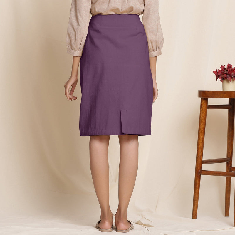Back View of a Model wearing Wine Warm Cotton Flannel Knee-Length Pencil Skirt