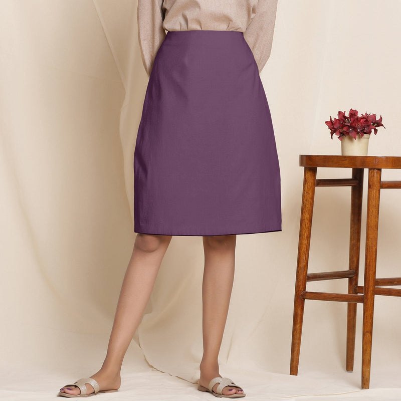 Front View of a Model wearing Wine Warm Cotton Flannel Knee-Length Pencil Skirt