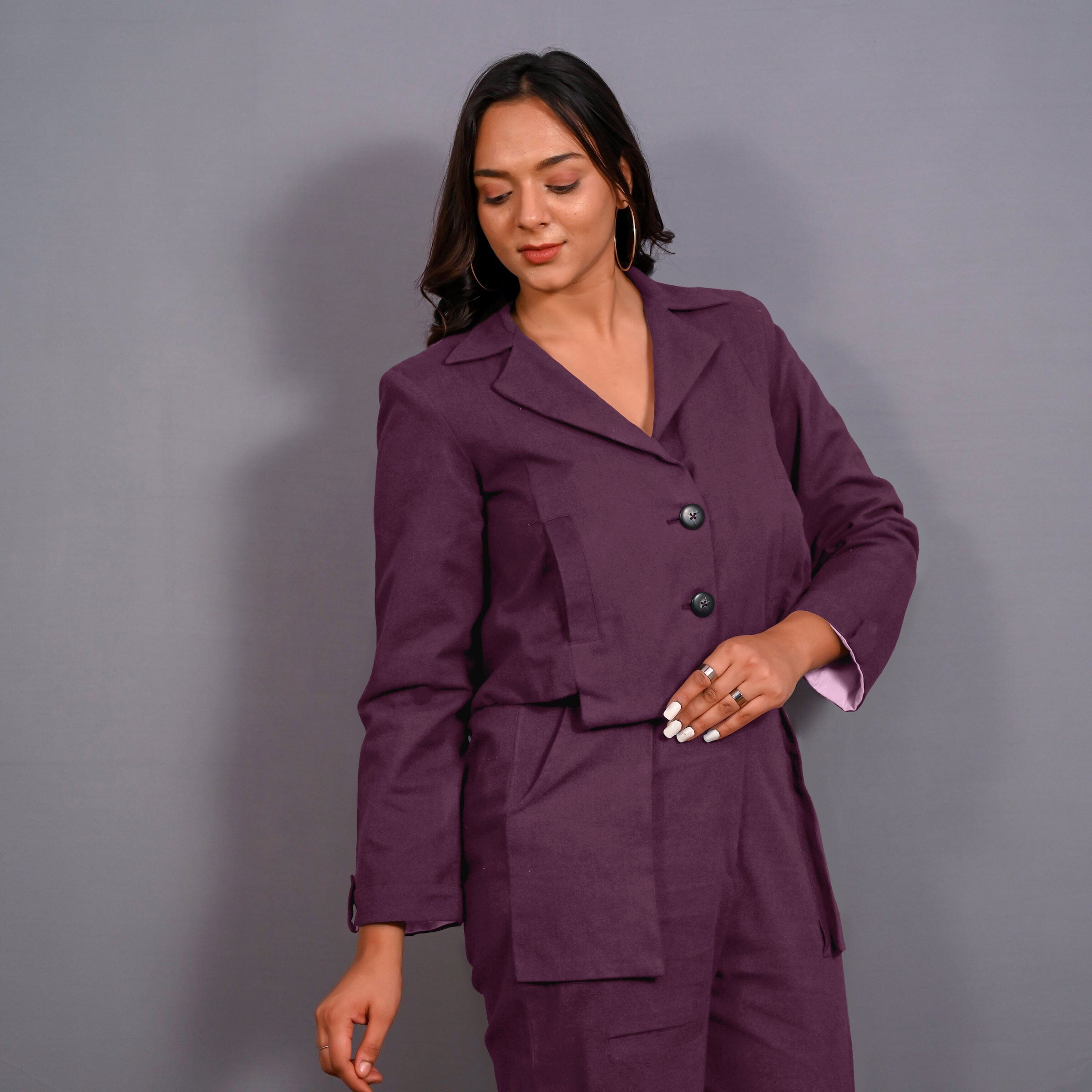 Wine Warm Cotton Flannel Single-Breasted Crop Blazer