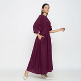 Wine Yarn Dyed Cotton Ankle Length Pleated Flared Dress