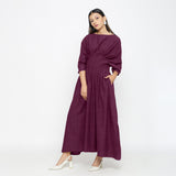 Wine Yarn Dyed Cotton Ankle Length Pleated Flared Dress