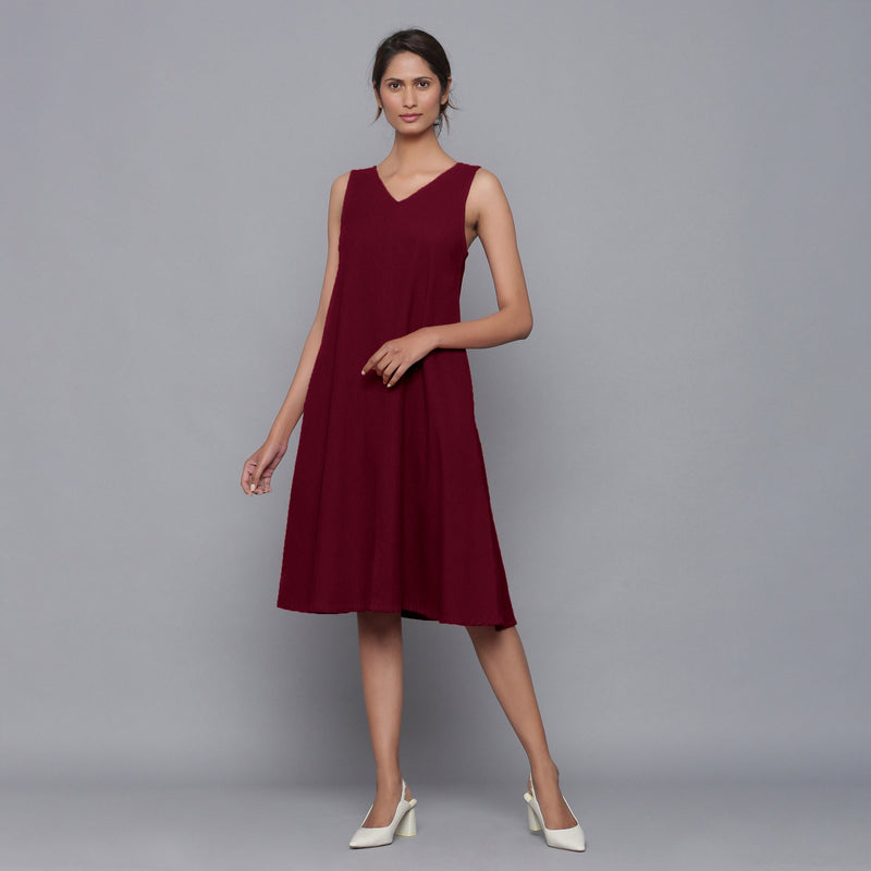 Wine Warm Cotton Corduroy Knee Length Flared Dress