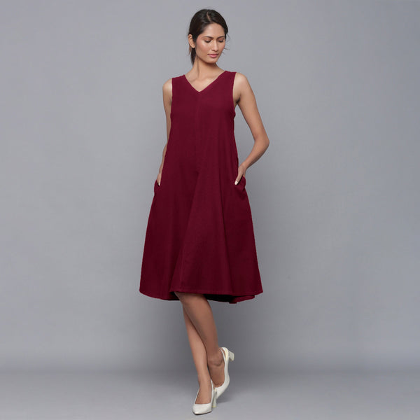 Wine Warm Cotton Corduroy Knee Length Flared Dress