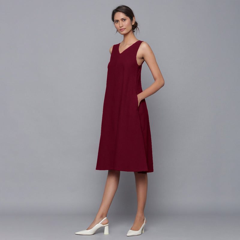 Wine Warm Cotton Corduroy Knee Length Flared Dress