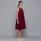 Wine Warm Cotton Corduroy Knee Length Flared Dress