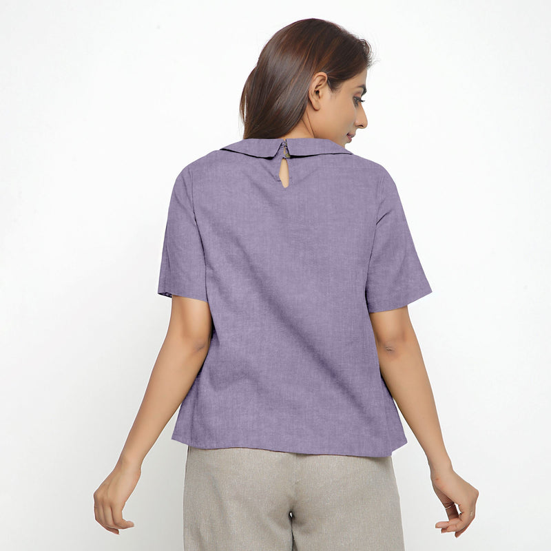 Back View of a Model wearing Wisteria 100% Linen Peter Pan Collar Top