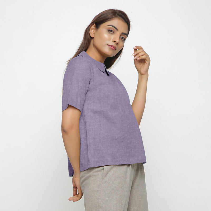 Right View of a Model wearing Wisteria 100% Linen Peter Pan Collar Top