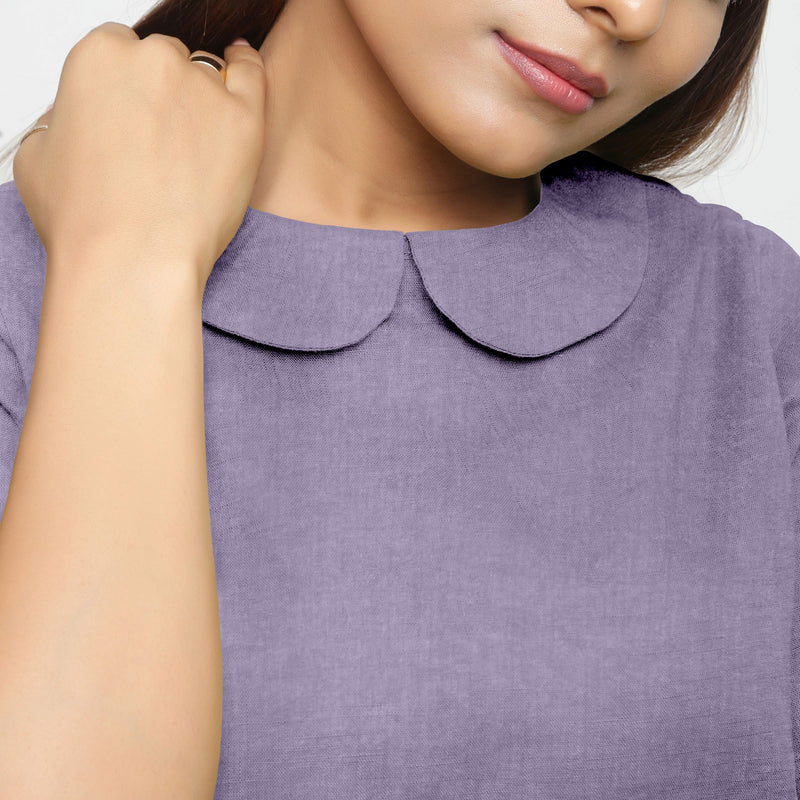 Front Detail of a Model wearing Wisteria 100% Linen Peter Pan Collar Top