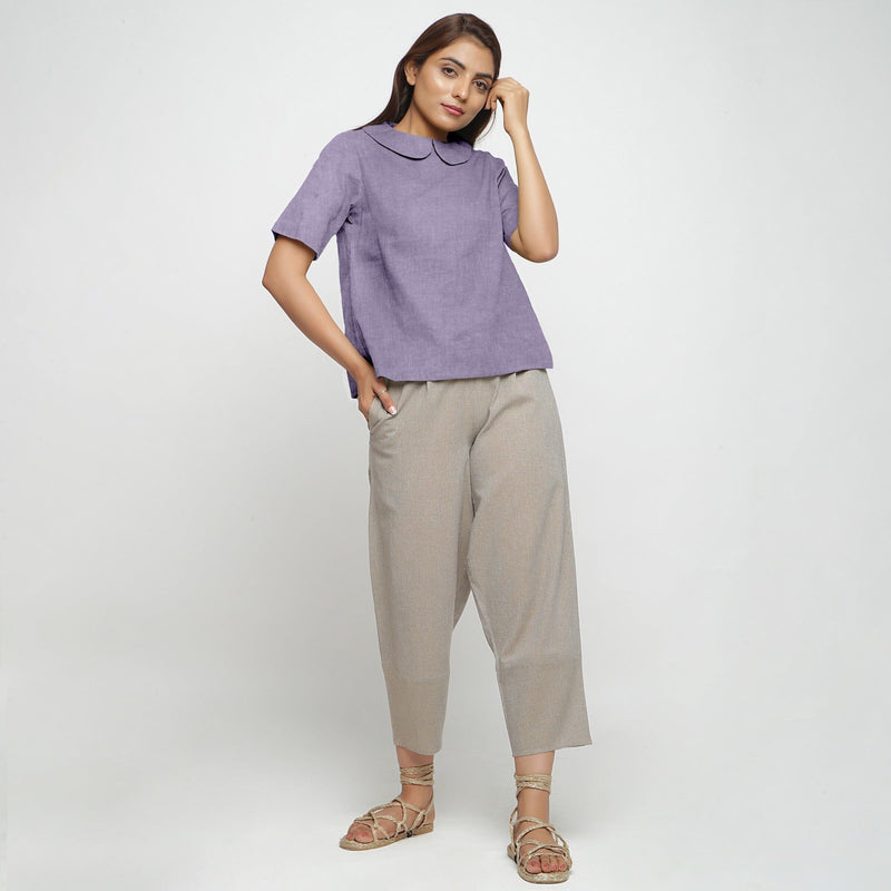 Wisteria Cotton Linen Peter Pan Collar Half Sleeve Top