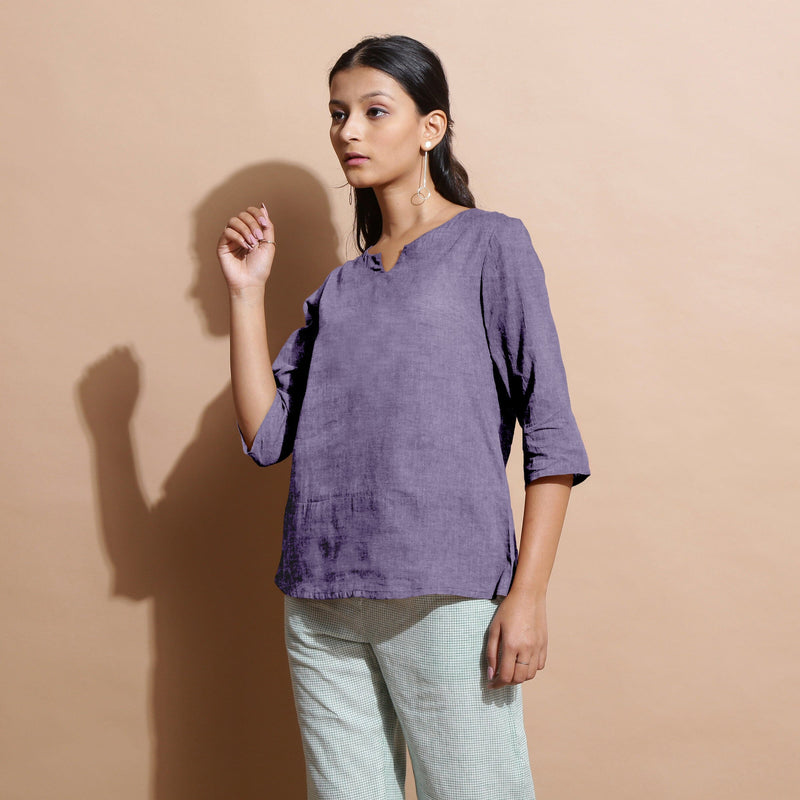 Wisteria Cotton Linen Split-Neck Tunic Top