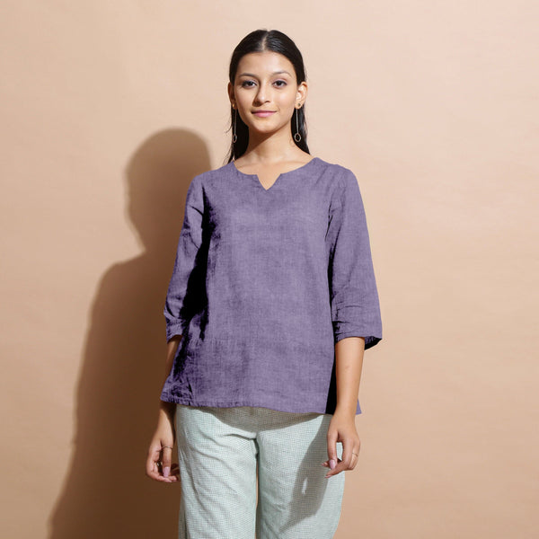 Wisteria Cotton Linen Split-Neck Tunic Top