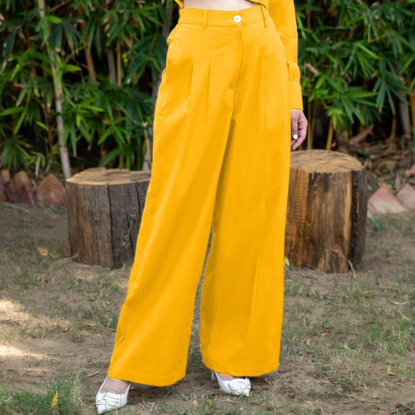 Yellow Cotton Poplin High-Rise Elasticated Pleated Wide Legged Pant