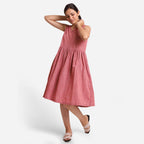 Front View of a Model wearing Yarn Dyed Cotton Red Yoke Dress