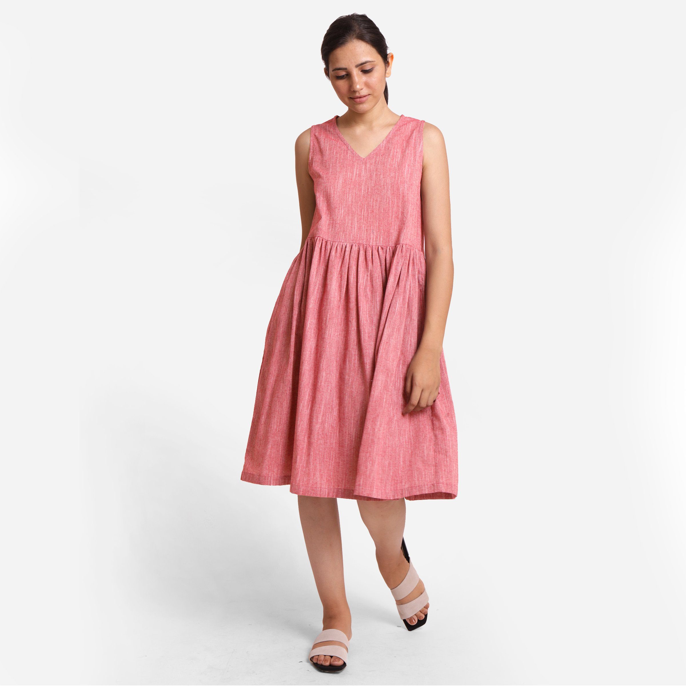 Front View of a Model wearing Yarn Dyed Cotton Red Yoke Dress
