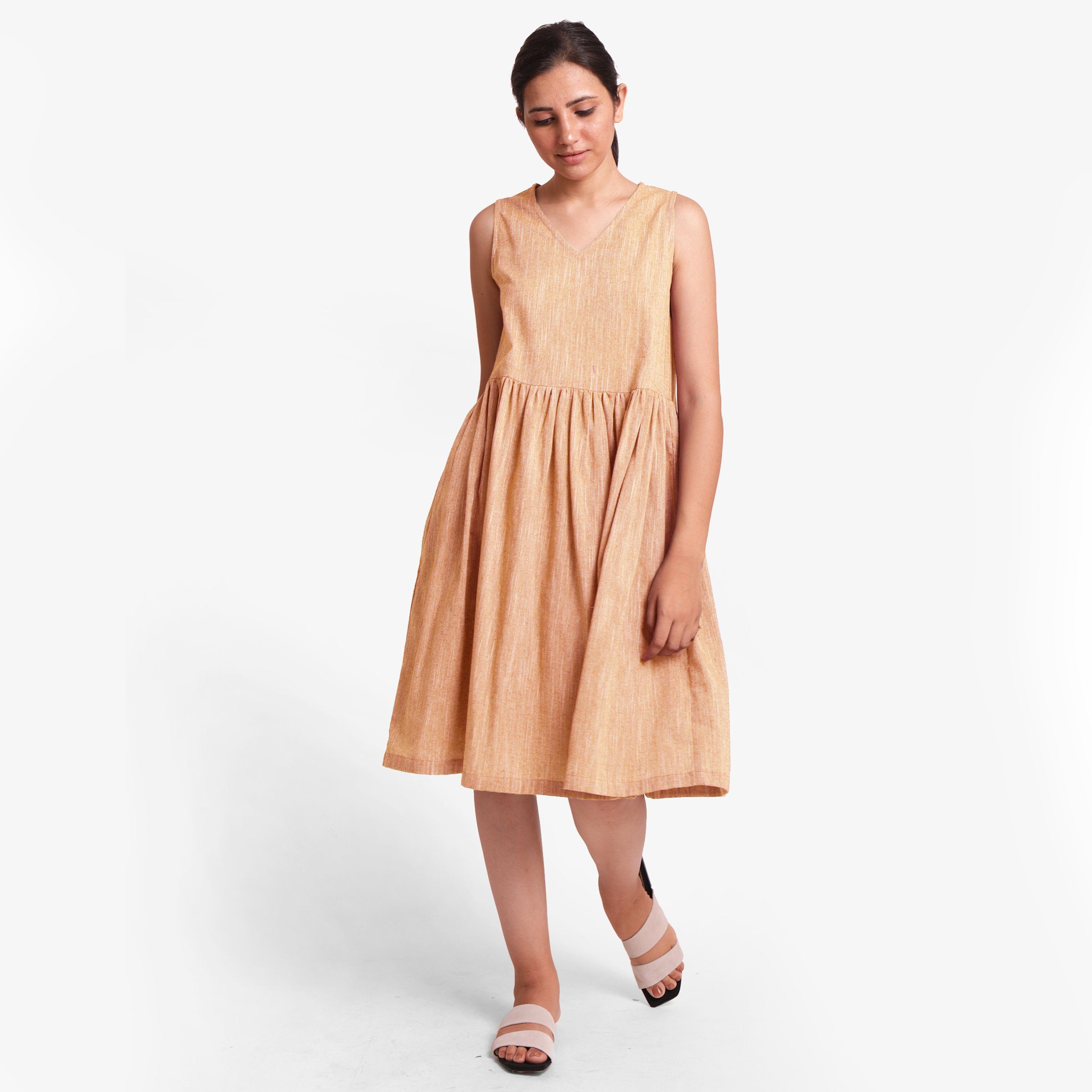 Front View of a Model wearing Yarn Dyed Cotton Yellow Yoke Dress
