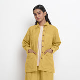 Front View of a Model wearing Yellow 100% Cotton Button-Down Outerwear