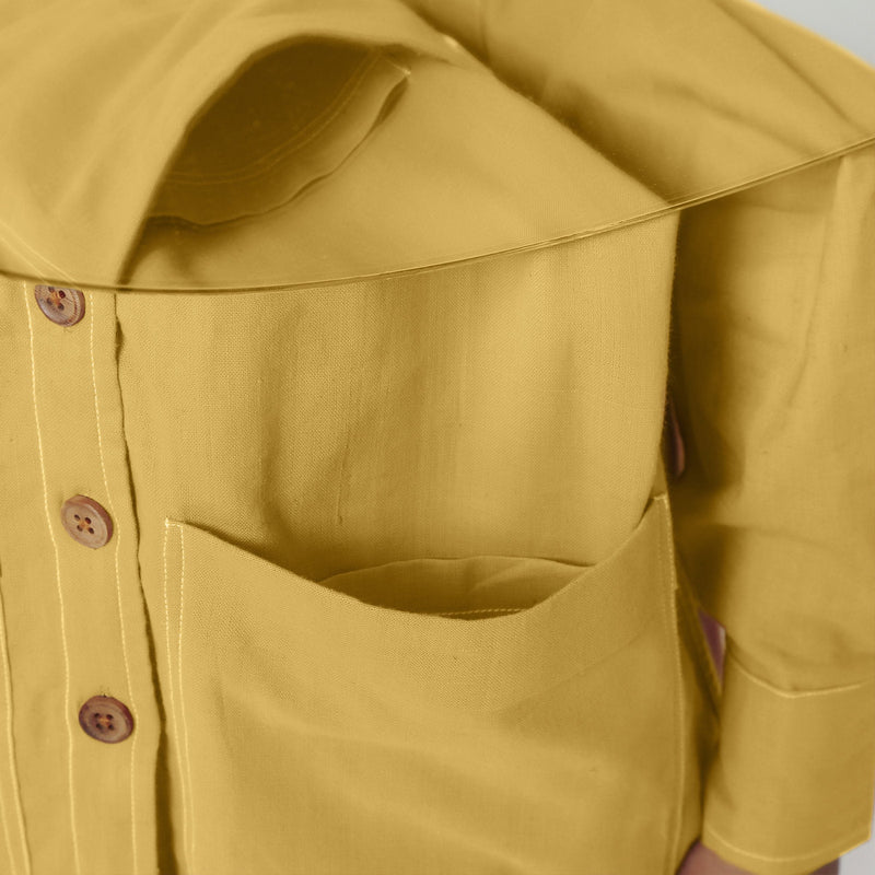 Front Detail of a Model wearing Yellow 100% Cotton Button-Down Outerwear