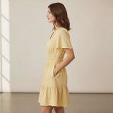 Yellow 100% Cotton Elasticated Short Tier Dress